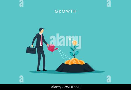 usinessman watering money tree symbol, Profit growth rates conception Stock Vector