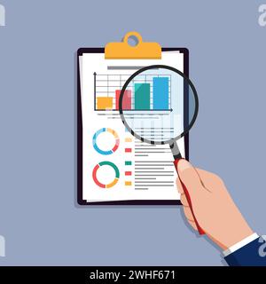 Audit research vectors icon, financial report data analysis, analytics accounting concept with charts and diagrams Stock Vector