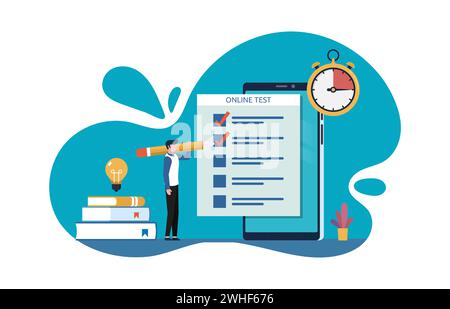 Online test, man fill in online assessment form on smartphone screen via internet vector illustration Stock Vector