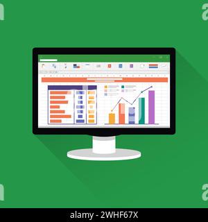 Spreadsheet on Computer screen flat icon. Financial accounting report concept. office things for planning and accounting, analysis, audit, project man Stock Vector