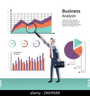 Business analysis concept, businessman with magnifying glass in hand examination graphs, Research, project management, planning, accounting, analysis, Stock Vector