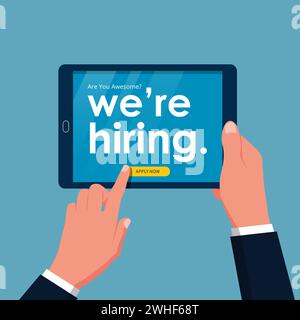 We are hiring online concept. Hand holding tablet and push button apply now. Business hiring and recruiting template vector illustration Stock Vector