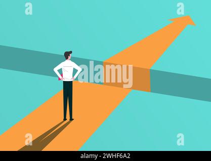 Businessman standing in front of obstacles. Problem and overcoming challenges to be successful, vector illustration Stock Vector