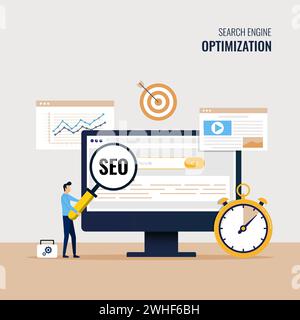 Improving ranking on search engine, Search engine traffic, Testing website SEO illustration Stock Vector
