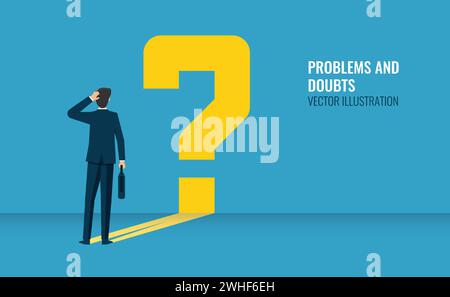 Standing businessman and his question mark symbol, thinking and doubting Stock Vector