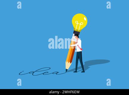 Business idea concept, businessman drawing with bulb pencil, creating idea Stock Vector