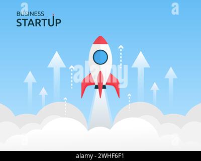 Business startup concept with rocket flight fly in the sky illustration Stock Vector