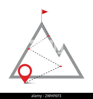 Route on hill with navigation pins, flag on top mountain Stock Vector