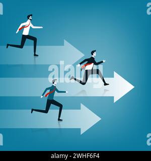 Business competition concept. Three business persons running on the arrow to be a winner Stock Vector