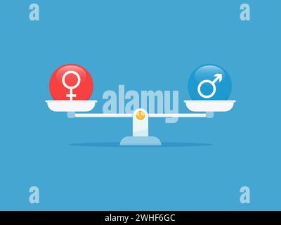 Gender equality concept with gender symbol balancing on scales Stock Vector