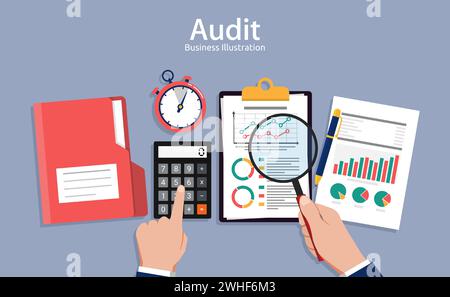 Auditing concepts, Auditor at table during examination of financial report, Research, project management, planning, accounting, analysis, data Stock Vector