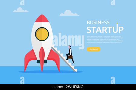 Successful businessman climbing a stair on rocket. Business startup concept illustration. Stock Vector