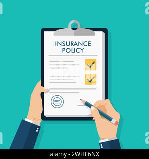 Businessman signs agreement protection document. Make deal compensation legal contract with insurance agent vector illustration Stock Vector