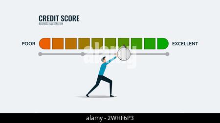 Man pushes credit score arrow gauge indicator with color level. Measurement from poor to excellent rating scale Stock Vector