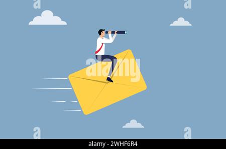 Contact us, email, customer services concept. Businessman holding telescope on mail envelope vector illustration Stock Vector