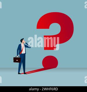 Thoughtful businessman thinking. Businessman and his big question mark shadow Stock Vector