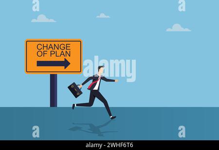 Changing of plans concept, businessman running toward new plan vector illustration Stock Vector