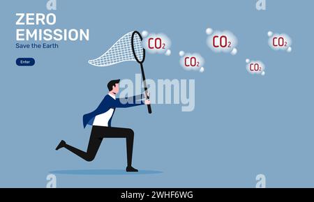 Zero emission concept design. Man uses butterfly net to catch gas carbon dioxide symbol, vector illustration Stock Vector
