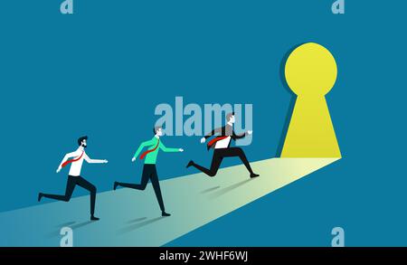Businessmen running toward key hole. New way business beginnings and unlock future. Ambitious people running to career potential and work financial su Stock Vector