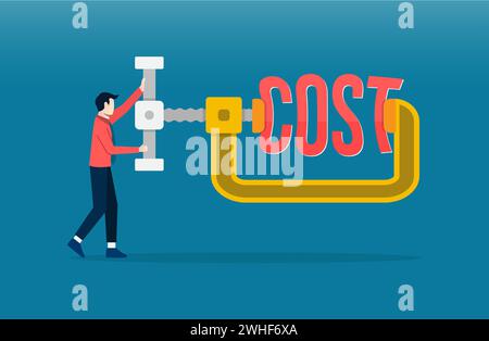 Cost reduction, cost optimization, cost efficiency concept. Businessman squeeze the word cost. Stock Vector