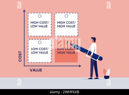 Man checking list the target of cost vs value concept. Business vector illustration Stock Vector