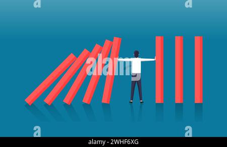 Businessman stopping falling dominos illustration, Risk and crisis management concept Stock Vector
