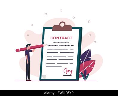 Man signing contract with big pen. Deal and agreement concept. Modern vector illustration. Stock Vector