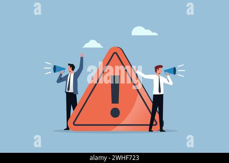 Attention or warning information, breaking news or urgent message communication with businessmen holding megaphone, important announcement Stock Vector