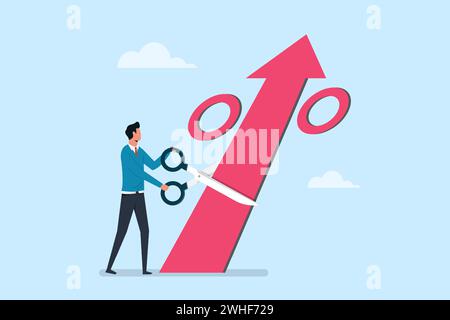 Fed raised the central bank interest rate to curb soaring inflation, monetary policy to stop or decrease inflation, businessman cut a percentage mark Stock Vector