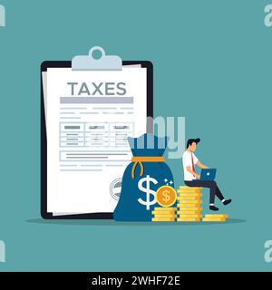 Tax report concept, businessman filling tax form documents online, tax day vector illustration Stock Vector