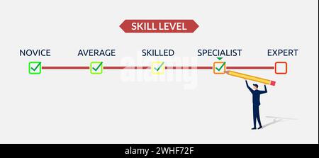 Skill level growth concept. Enhance and increase knowledge level of professional worker or employer step by step. Stock Vector