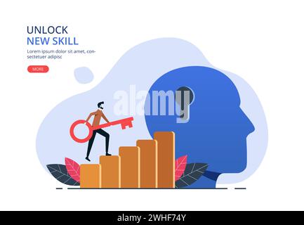 Unlock new skill concept. Businessman with big key and key hole on head symbol. Skill improvement and development Stock Vector