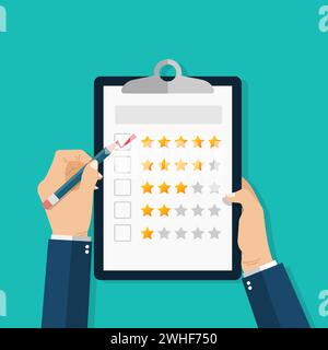 Businessman hands holding clipboard with rate stars and pencil. Customer satisfaction filling form on clipboard. Feedback and service rating template Stock Vector