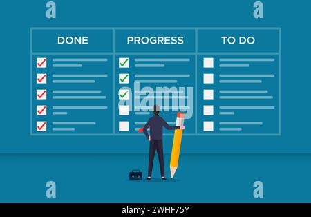 Task management concept. Businessman filling check list on the scrum task board, vector illustration Stock Vector