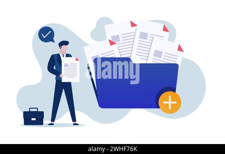 Businessman adds file to big folder. Storage and indexing of information. Businessman holds paper document. User and data archive. Stock Vector
