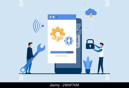 People updating software on phone screen with progress bar and installation software system vector illustration. Stock Vector