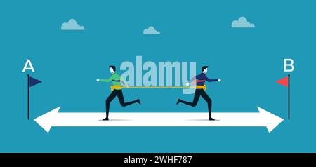 Bad team work, organization and miscommunication leading to failure for all, two businessmen run on arrow opposite directions Stock Vector