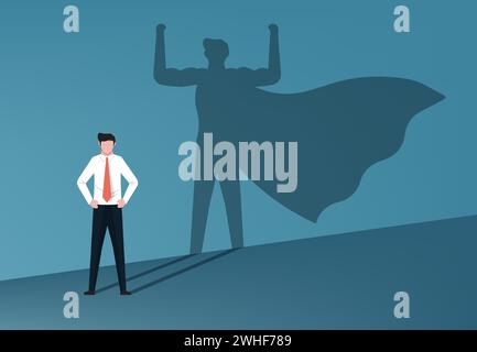Businessman with his shadow superhero. courage, leadership, ambition and success concept, flat vector illustration Stock Vector