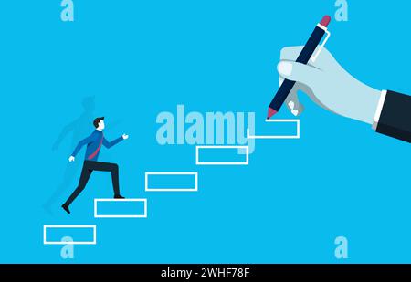 Personal development concept. Businessman climb success ladder vector illustration. Stock Vector