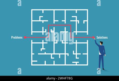 Business maze labyrinth. Business solution vector concept with businessman finding way through maze. Stock Vector