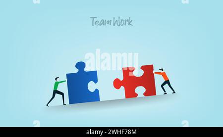 Business people puzzle pushing huge pieces of one puzzle towards each other. Symbol of working together, cooperation and partnership. Stock Vector