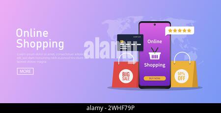 Online shop concept with smartphone and screen buy. Online shopping on website for digital marketing symbol Stock Vector
