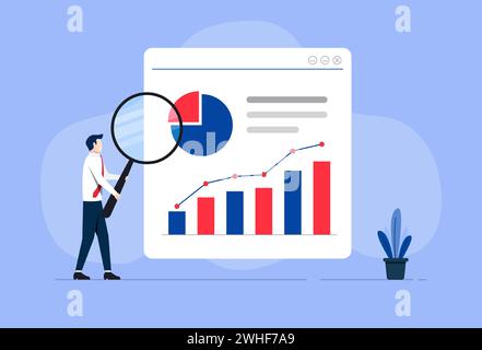 Businessman holding a magnifying glass and graph, reports icon. Data analysis and business analytics concept Stock Vector