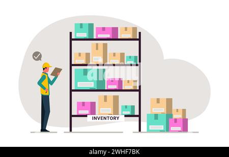 Inventory control illustration concept, professional worker is checking goods on shelve for inventory management Stock Vector