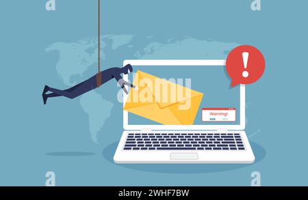 Hacker breaks email on laptop screen concept. phishing and cyber crime attacks vector illustration Stock Vector