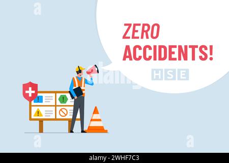 Health, safety and environment concept. Important strategy for preventing accidents at work. Zero accidents slogan with bubble shouting symbol Stock Vector