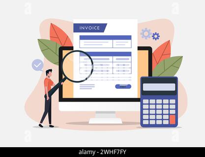Invoice concept. Man holds magnify glass with calculator icon. Business transaction and payment vector illustration Stock Vector