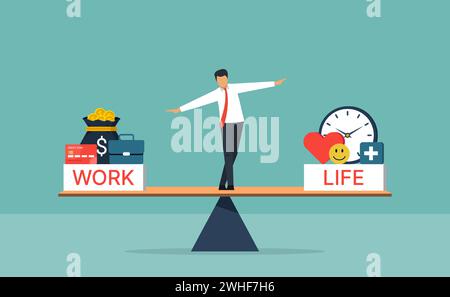 Work life balance concept, businessman standing with WORK and LIFE on seesaw Stock Vector