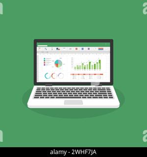 Spreadsheet on Laptop screen flat icon. Financial accounting report concept. office things for planning and accounting, analysis, audit, project manag Stock Vector
