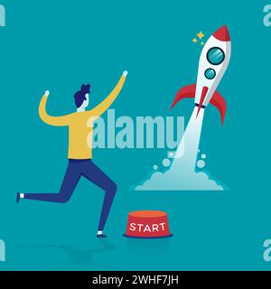 Businessman feels joy to start and launch a rocket. New startup business vector illustration Stock Vector